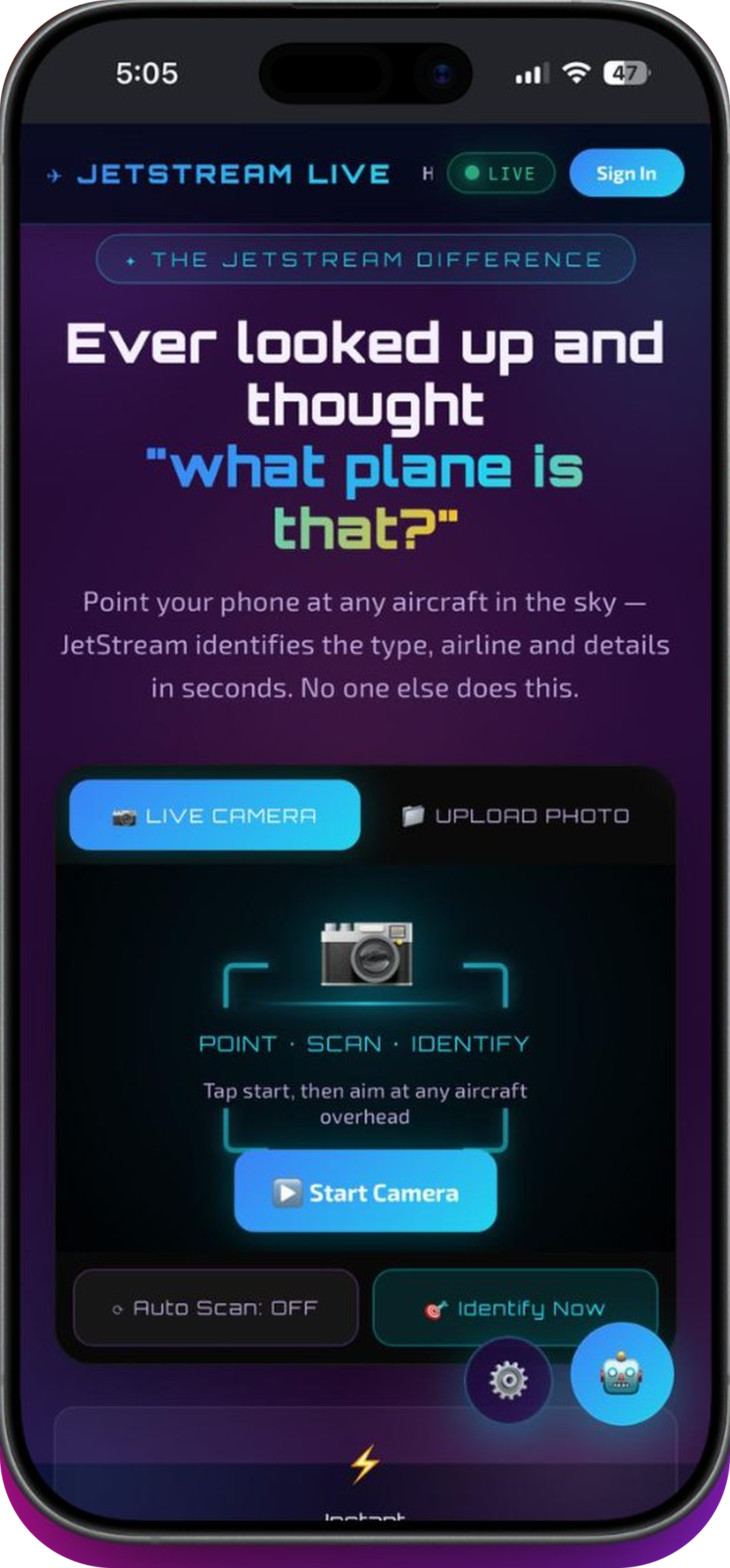 JetStream Live aircraft identifier on iPhone